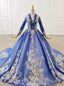 Take Center Stage In Royal Blue Tulle Lace Appliques V Neck Long Sleeve Wedding Dress