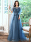 Teal Blue Tulle A-Line Prom Dresses Long With Lace Long Prom Dresses