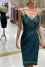Teal Satin V Neck Sheath Midi Dress