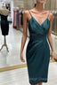 Teal Satin V Neck Sheath Midi Dresses