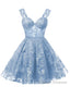 Teens Sparkly Tulle Light Blue Homecoming Dresses Spaghetti Straps Short Cocktail Prom Prom Dress