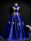 The Best Discount Blue Ball Gown Satin High Neck Appliques Backless Quinceanera Dress