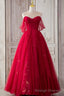 The Red Strapless Tulle Long A Line Prom Dress is a showstopper. With its off-the-shoulder design and A Line silhouette, it perfectly blends elegance and allure.