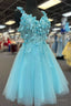 Tiffany Blue 3D Floral Lace Sweetheart Backless A Line Short Prom Dress