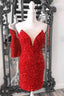 Tight V Neck Red Sequins Short Party Dress,Sparkly Bodycon Dresses