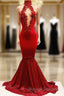Trendy Mermaid Red Lace High Neck Prom Gowns| Red Prom Gowns