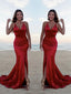 Trumpet/Mermaid Halter Sweep Train Silk like Satin Prom Dress With Leg Slit