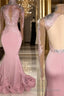 Trumpet/Mermaid High Neck Sweep Train Jersey Evening Dresses With Appliques Lace