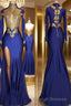 Trumpet/Mermaid High Neck Sweep Train Jersey Prom Dresses With Leg Slit