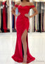 Trumpet/Mermaid Off-the-Shoulder Short Sleeve Long Dress Floor Length Satin Prom Dress With Pleated Split
