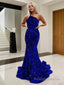 Trumpet/Mermaid One Shoulder Sweep Train Velvet Sequins Prom Dresses With Ruffles
