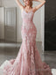 Trumpet/Mermaid Spaghetti Straps Sweep Train Lace Prom Dresses With Appliques Lace