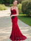 Trumpet/Mermaid Spaghetti Straps Sweep Train Lace Prom Dresses With Appliques Lace