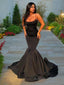 Trumpet/Mermaid Spaghetti Straps Sweep Train Satin Prom Dresses With Ruffles
