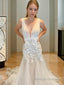 Trumpet/Mermaid V Neck Chapel Train Tulle Wedding Dresses With Appliques Lace