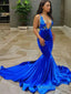 Trumpet/Mermaid V Neck Court Train Elastic Woven Satin Prom Dresses With Appliques Lace