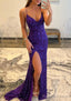 Trumpet/Mermaid V Neck Sleeveless Sweep Train Allover Sparkly Sequined Prom Dresses With Split