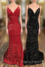 Trumpet/Mermaid V Neck Sleeveless Velvet Sequins Court Train Prom Dress With Pleated