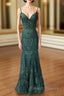 Trumpet/Mermaid V Neck Spaghetti Straps Long Dress Floor Length Tulle Prom Dress With Appliqued Beading