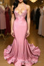 Trumpet/Mermaid V Neck Sweep Train Charmeuse Prom Dress With Appliques Lace