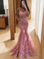Trumpet/Mermaid V Neck Sweep Train Lace Prom Dresses With Appliques Lace