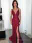 Trumpet/Mermaid V Neck Sweep Train Sequins Prom Dresses With Leg Slit