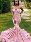 Trumpet/Mermaid V Neck Sweep Train Silk like Satin Prom Dresses With Appliques Lace