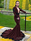 Trumpet/Mermaid V Neck Sweep Train Stretch Crepe Prom Dresses With Appliques Lace