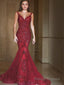 Trumpet/Mermaid V Neck Sweep Train Tulle Prom Dresses With Appliques Lace
