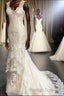 Trumpet/Mermaid V Neck Sweep Train Tulle Wedding Dress With Appliques Lace