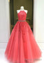 Red Lace Floor Length Prom Dresses, A Line Formal Prom Dresses