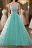 Tulle Buttons Lace Long Green Round Neck Prom Dress