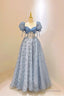 Tulle Lace Long Prom Dress, Blue Short Sleeve Prom Dress