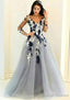 Tulle Long Dress Floor Length A Line Full/Long Sleeve V Neck Zipper Prom Dress With Appliqued