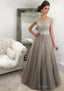 Tulle Long Dress Floor Length A Line Sleeveless Bateau Zipper Prom Dress With Beaded