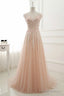 Tulle Pink Round Neck Lace Applique Long Prom Dresses