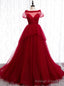 Tulle Short Sleeve Pleats Backless Burgundy Prom Dress