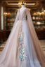 Tulle V Neck Appliques Champagne Long Sleeves Flower Prom Dresses