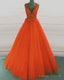 Tulle V Neck Orange Ball Gown Prom Dresses