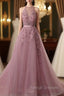 Tulle Wisteria Prom Dress A-Line/Princess Scoop Neck Court Train With Appliqued