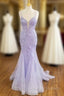 Tulle With Appliques Lilac Long Sweetheart Prom Dresses With Straps