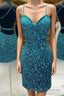 Turquoise Spaghetti Straps Sequins Homecoming Dress