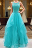 Turquoise Tulle Long Lace Prom Dress, Ruffles Evening Dress