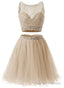 Two Piece Champagne Beaded Tulle Homecoming Dress, Short Prom Dress
