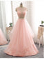 Two Piece Long Prom Dresses Pink Tulle Floor Length Formal Gown