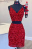 Two Piece Red Sequined Homecoming Dress, V-neck Tight Party Dress,Short Prom Dresses