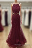 Two Pieces Halter Neck Mermaid Tulle Maroon Prom with Beadings, Maroon Formal, Evening