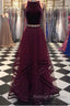 Two Pieces Maroon Long Prom Dress, Dark Burgundy 2 Pieces Formal Evening Dresses