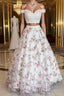 Two Pieces Off The Shoulder Lace Floral White Prom Dresses, Off Shoulder White Formal Dresses, Two Pieces White Evening Dresses