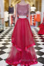 Two Pieces Sequin Round Neck Tulle Long Red Prom Dresses, Red Evening Dresses